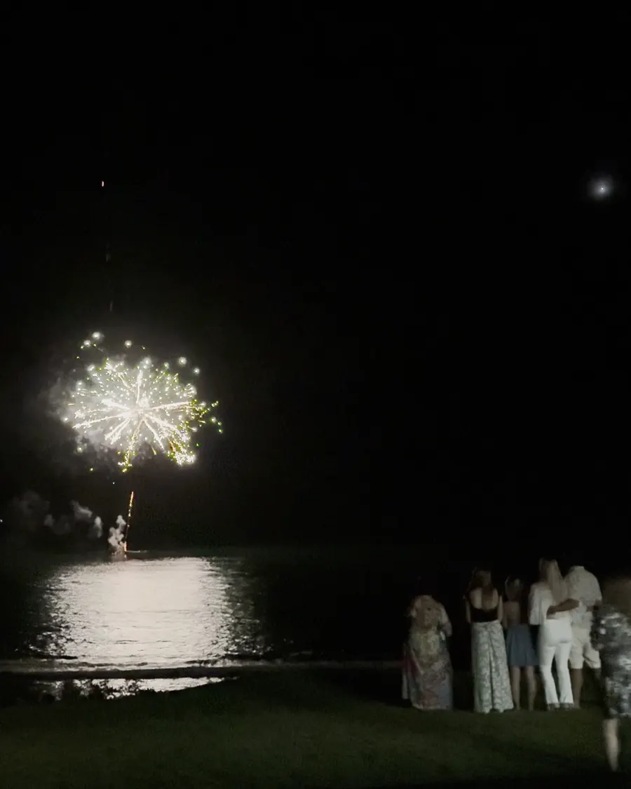 Fireworks bursting over the water at night, guests silhouetted on the lawn